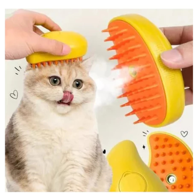 Escova Vapor 3 em 1 Elétrica p/ Cães e Gatos - Remove Pelo, Massagem, Pente p/ Pelos
